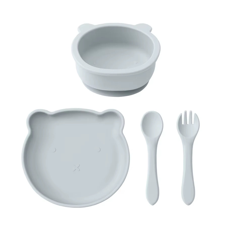 4Pcs Children'S Tableware Set Baby Feeding Food Training Silicone Tableware Baby Sucker Dishes Plate Bowl Spoon Baby Stuff