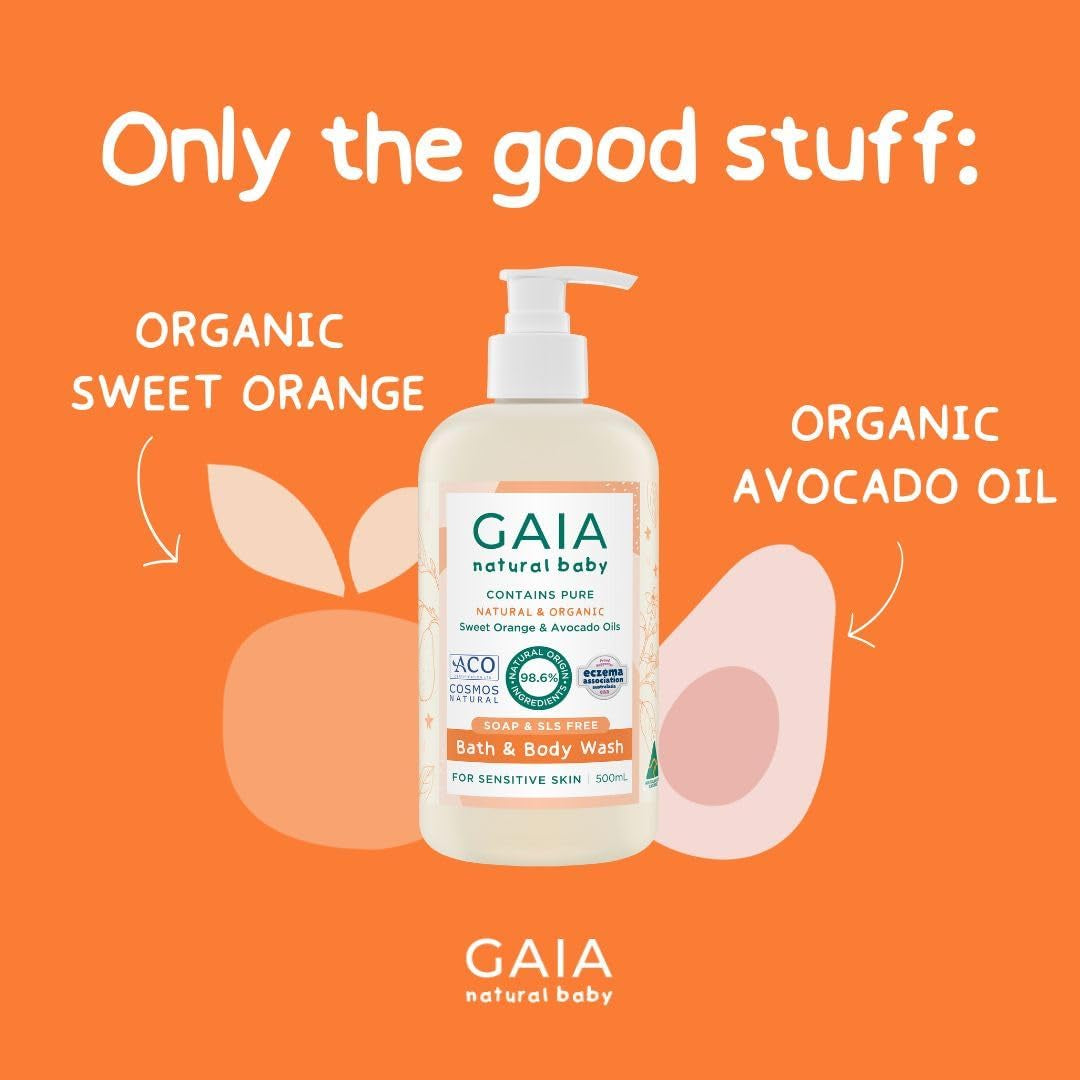 GAIA Skin Natural Baby Bath and Body Wash ; Certified Natural ; Ideal for Newborns ; Sensitive Skin Formula ; Organic Avocado Oil ; Organic Chamomile ; Soap Free ; Perfume Free ; Australian Made - 500Ml