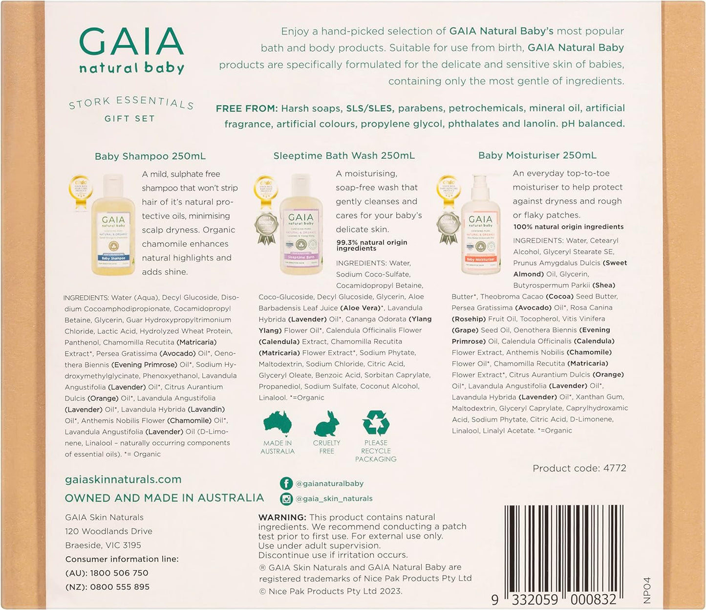 Gaia Skin Natural Baby Baby Stork Essential Gift Set (Pack of 3)