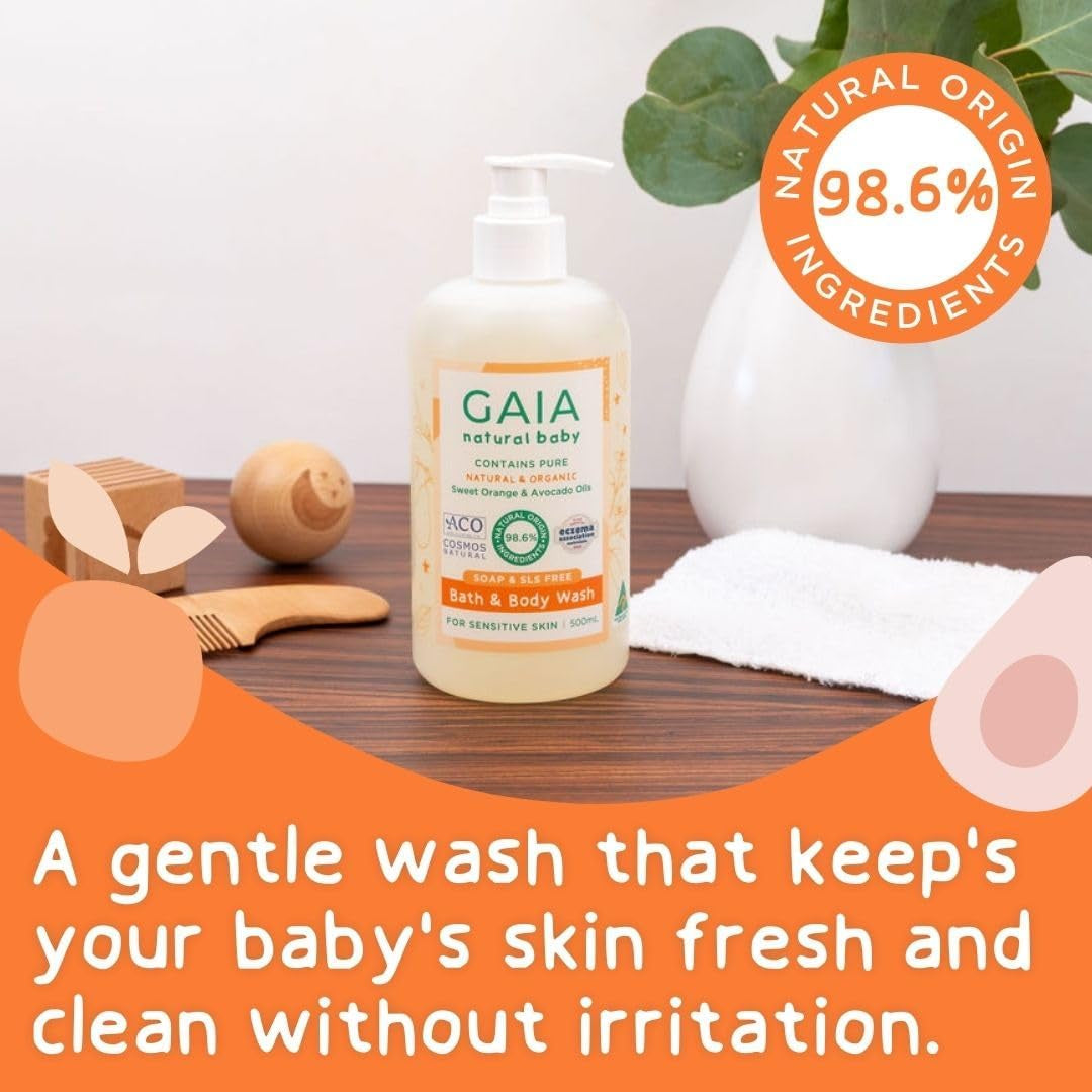 GAIA Skin Natural Baby Bath and Body Wash ; Certified Natural ; Ideal for Newborns ; Sensitive Skin Formula ; Organic Avocado Oil ; Organic Chamomile ; Soap Free ; Perfume Free ; Australian Made - 500Ml