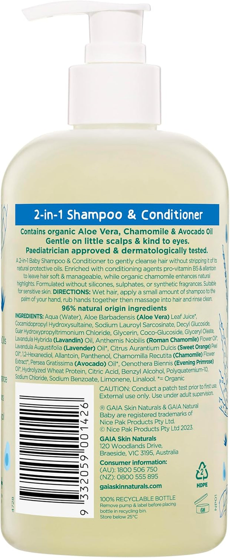 GAIA Skin Natural Baby 2In1 Shampoo & Conditioner | 96% Natural Origin | Sensitive Skin Formula | Organic Avocado Oil | Organic Chamomile | Silicone Free | Sulphate Free | Australian Made - 500Ml