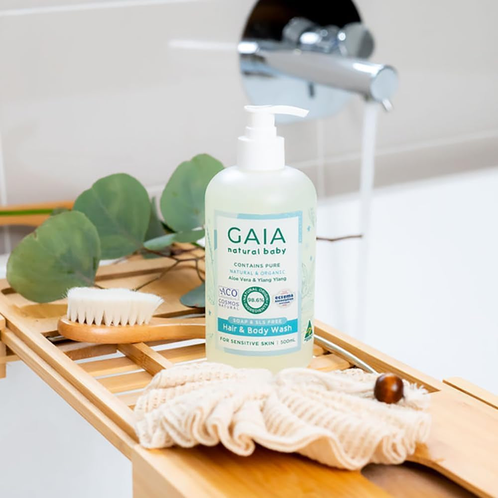 GAIA Skin Natural Baby Hair and Body Wash ; Certified Natural ; Suitable for Newborns ; Sensitive Skin Formula ; Organic Aloe Vera ; Soap Free ; Perfume Free ; Gentle Baby Wash ; Australian Made - 500Ml