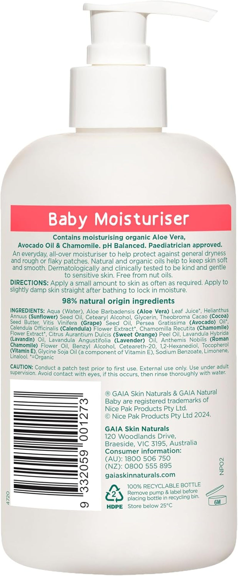 GAIA Natural Baby Moisturiser | 100% Natural Origin | Sensitive Skin Formula | Organic Avocado Oil | Organic Shea Butter | Petrochemical Free | Perfume Free | Paraben Free | Australian Made | 500Ml