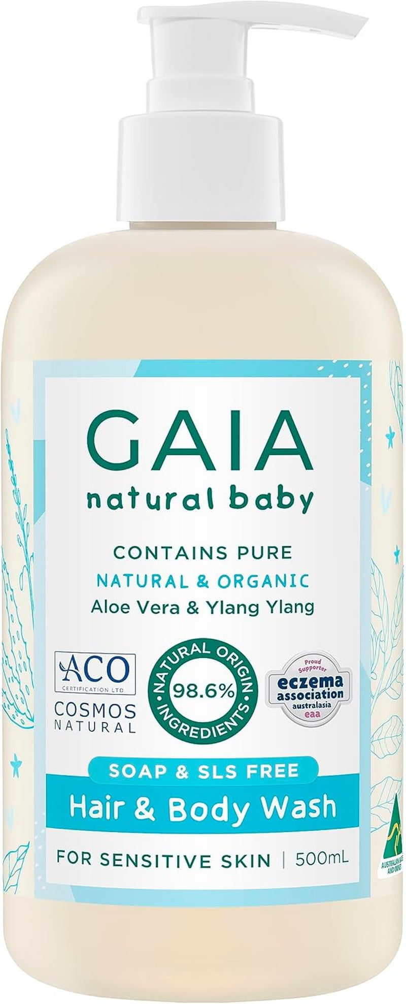 GAIA Skin Natural Baby Hair and Body Wash ; Certified Natural ; Suitable for Newborns ; Sensitive Skin Formula ; Organic Aloe Vera ; Soap Free ; Perfume Free ; Gentle Baby Wash ; Australian Made - 500Ml