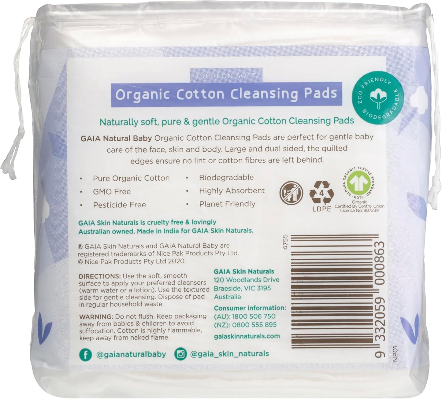 GAIA Natural Baby Organic Cotton Cleansing Pads 40 Pack