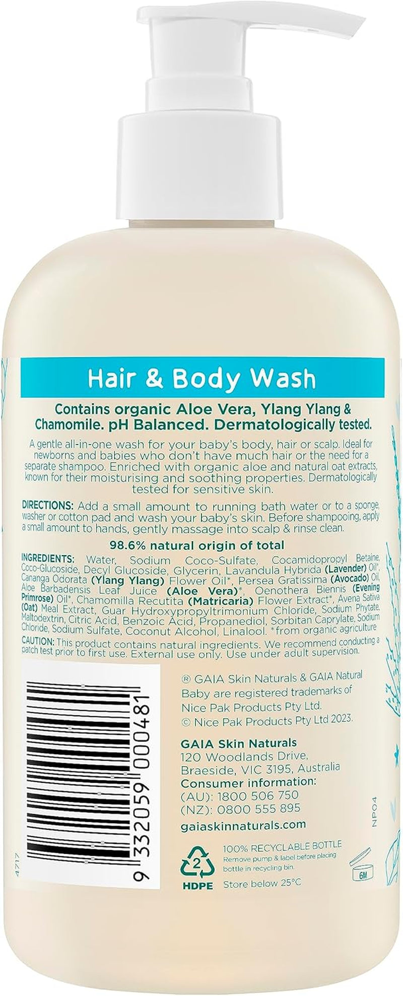 GAIA Skin Natural Baby Hair and Body Wash ; Certified Natural ; Suitable for Newborns ; Sensitive Skin Formula ; Organic Aloe Vera ; Soap Free ; Perfume Free ; Gentle Baby Wash ; Australian Made - 500Ml