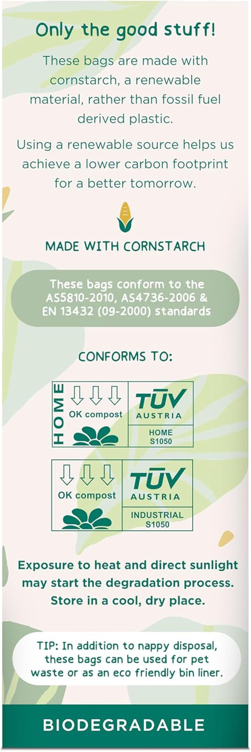 GAIA Natural Baby Biodegradable Nappy Bags | Hygienic Tie Handles | Compostable | Multi-Use | 50Pk