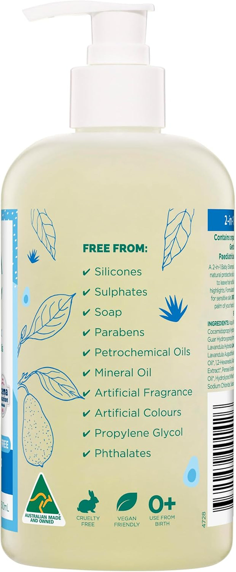 GAIA Skin Natural Baby 2In1 Shampoo & Conditioner | 96% Natural Origin | Sensitive Skin Formula | Organic Avocado Oil | Organic Chamomile | Silicone Free | Sulphate Free | Australian Made - 500Ml