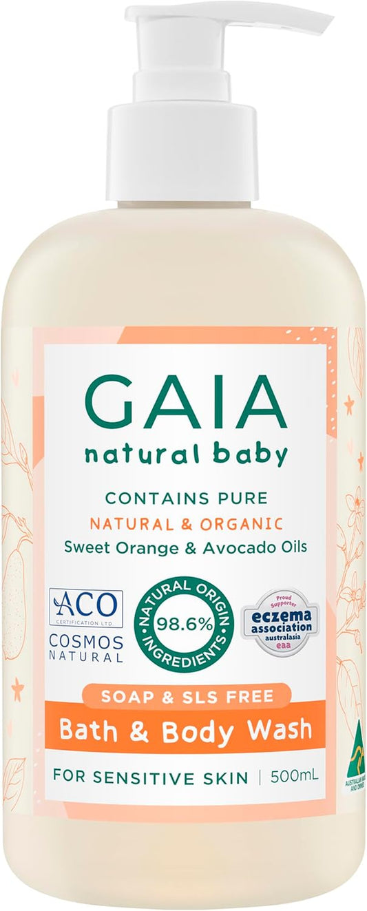 GAIA Skin Natural Baby Bath and Body Wash ; Certified Natural ; Ideal for Newborns ; Sensitive Skin Formula ; Organic Avocado Oil ; Organic Chamomile ; Soap Free ; Perfume Free ; Australian Made - 500Ml