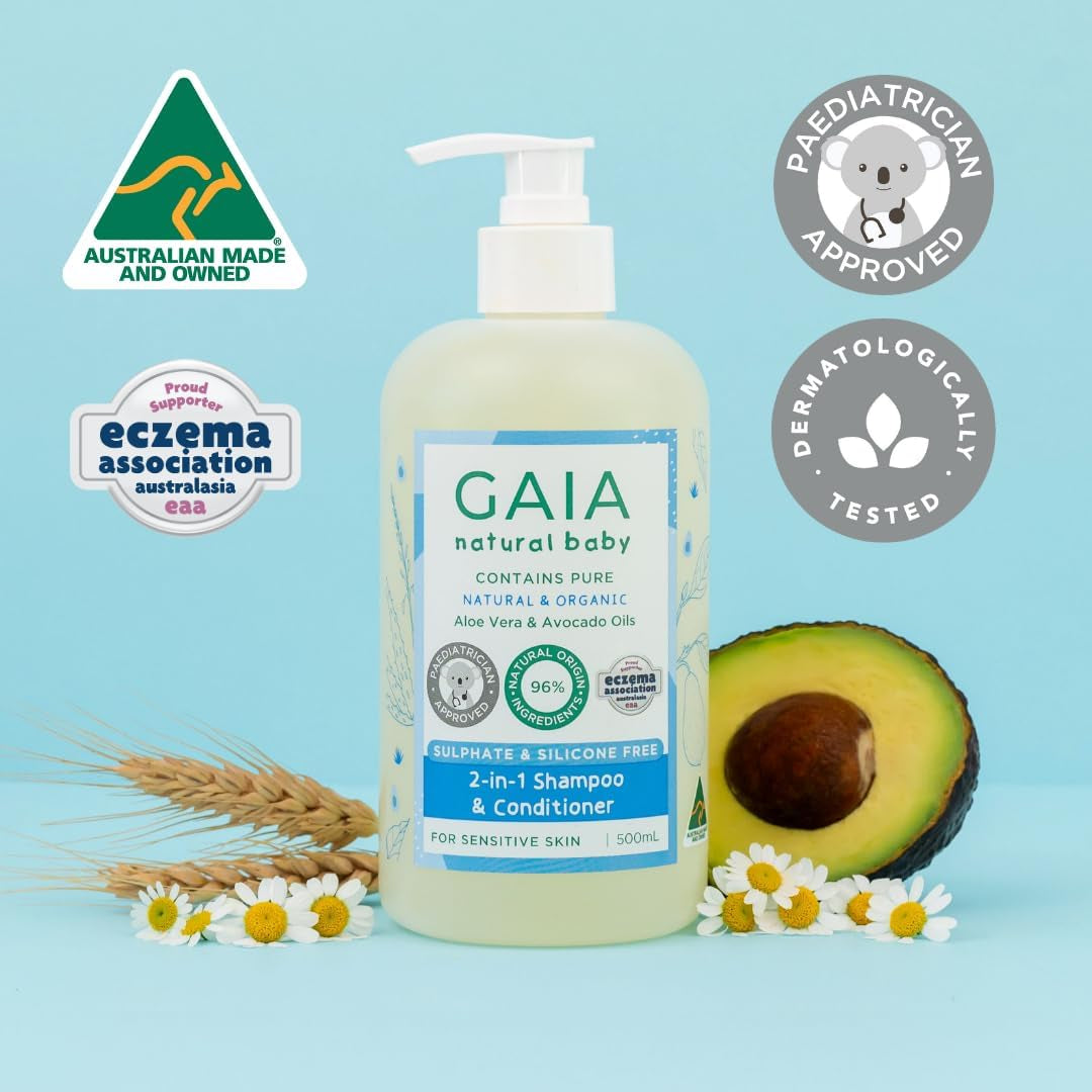 GAIA Skin Natural Baby 2In1 Shampoo & Conditioner | 96% Natural Origin | Sensitive Skin Formula | Organic Avocado Oil | Organic Chamomile | Silicone Free | Sulphate Free | Australian Made - 500Ml