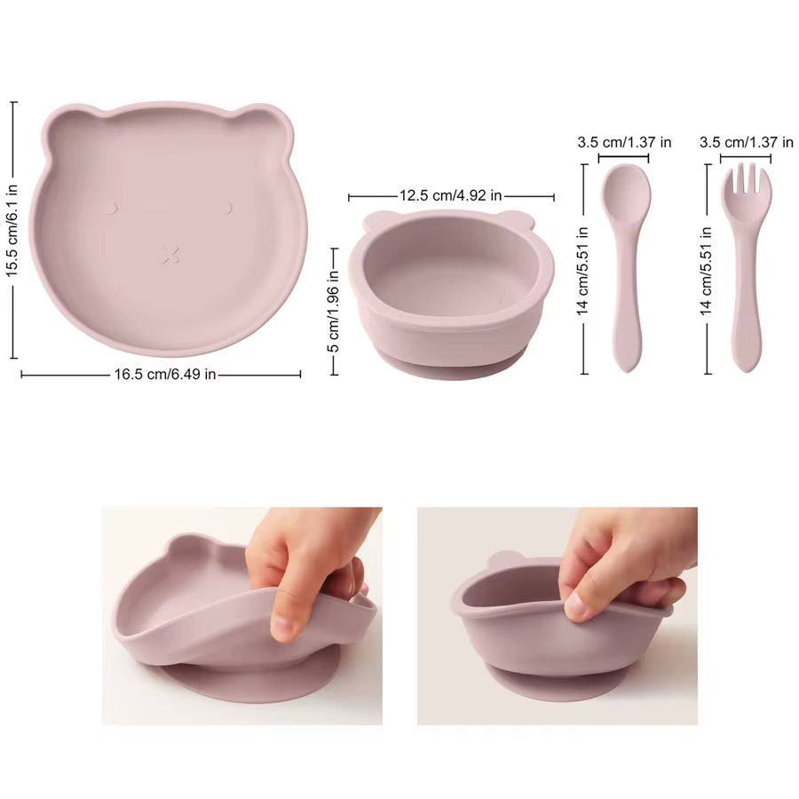 4Pcs Children'S Tableware Set Baby Feeding Food Training Silicone Tableware Baby Sucker Dishes Plate Bowl Spoon Baby Stuff