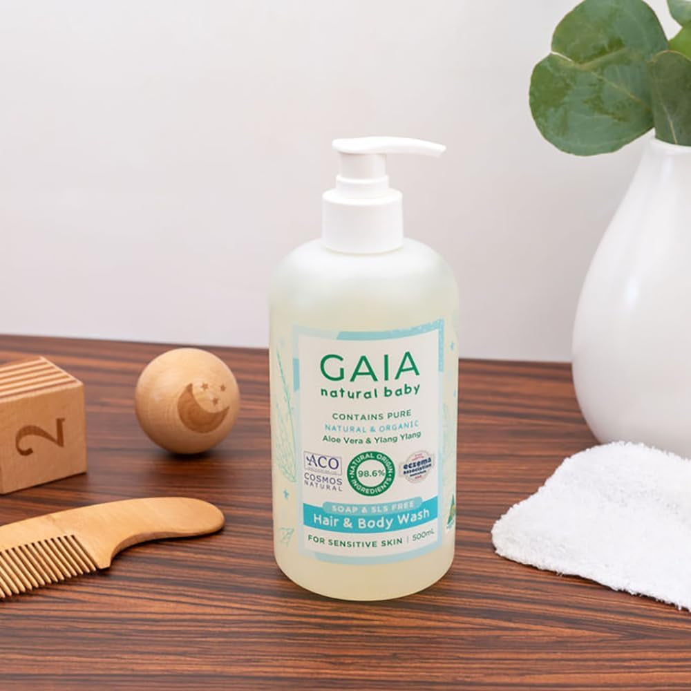 GAIA Skin Natural Baby Hair and Body Wash ; Certified Natural ; Suitable for Newborns ; Sensitive Skin Formula ; Organic Aloe Vera ; Soap Free ; Perfume Free ; Gentle Baby Wash ; Australian Made - 500Ml