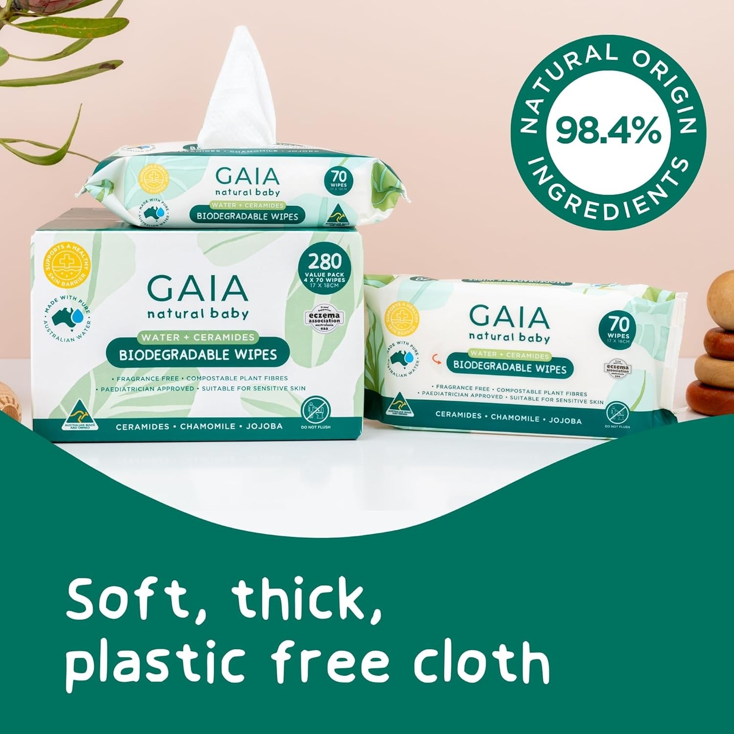 GAIA Natural Baby Biodegradable Water Wipes | Paediatrician Approved | Dermatogically Tested | Suitable for Sensitive Skin | Suitable for Newborns | Australian Made | 280Pk