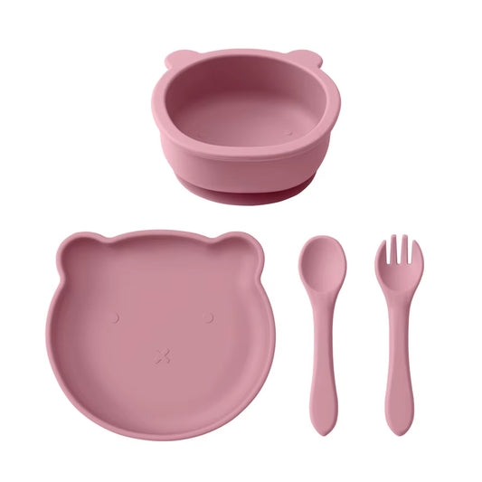 4Pcs Children'S Tableware Set Baby Feeding Food Training Silicone Tableware Baby Sucker Dishes Plate Bowl Spoon Baby Stuff