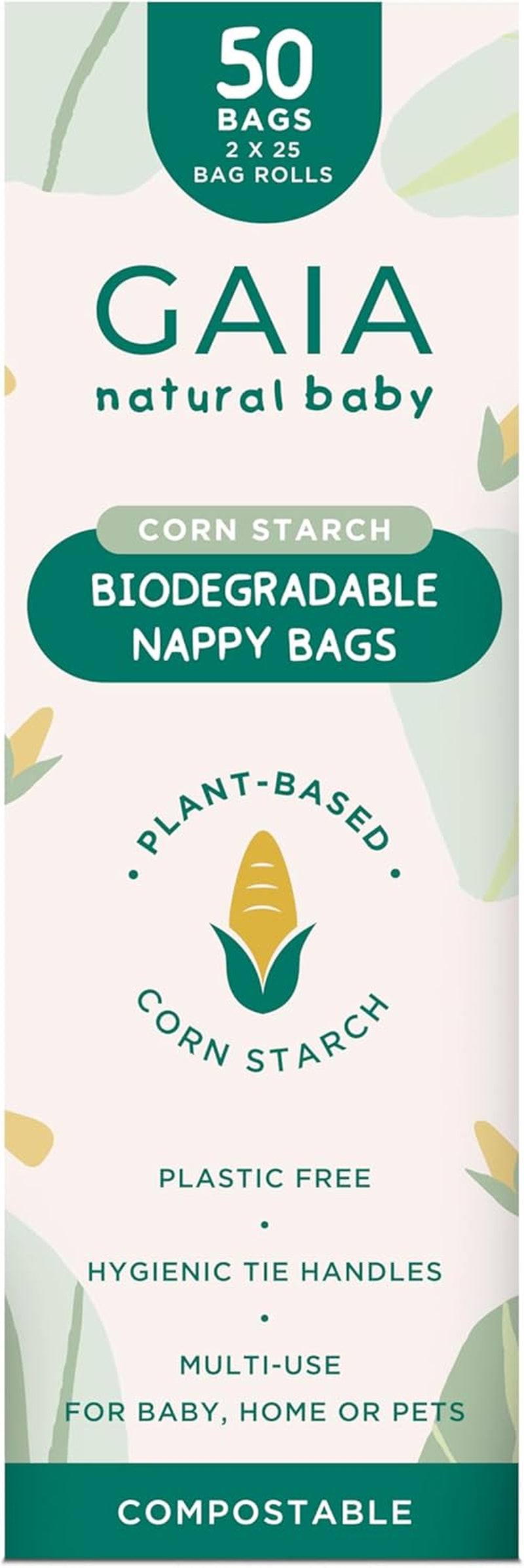 GAIA Natural Baby Biodegradable Nappy Bags | Hygienic Tie Handles | Compostable | Multi-Use | 50Pk