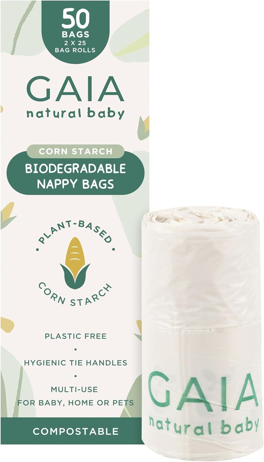 GAIA Natural Baby Biodegradable Nappy Bags | Hygienic Tie Handles | Compostable | Multi-Use | 50Pk