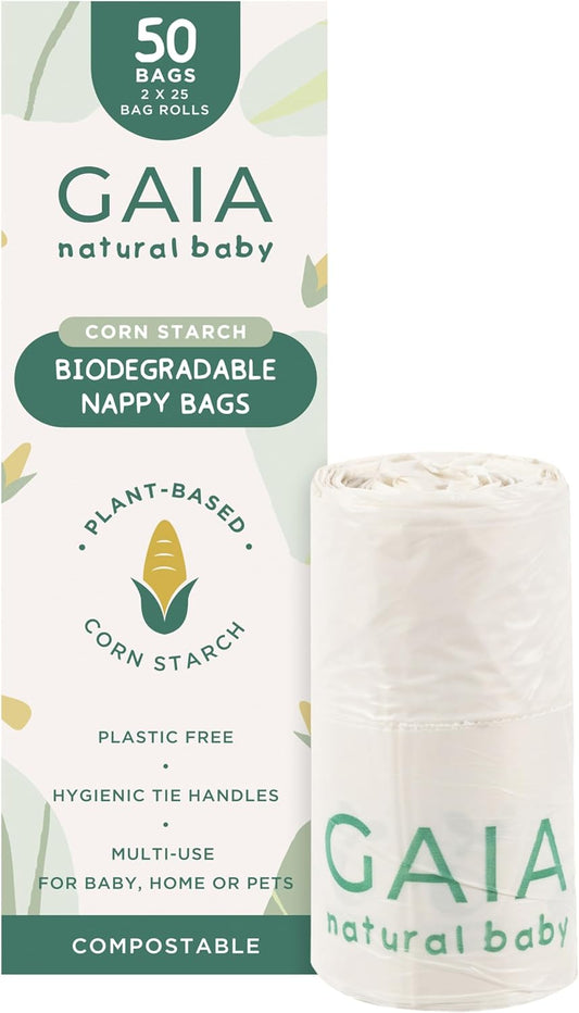 GAIA Natural Baby Biodegradable Nappy Bags | Hygienic Tie Handles | Compostable | Multi-Use | 50Pk