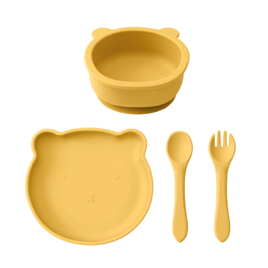 4Pcs Children'S Tableware Set Baby Feeding Food Training Silicone Tableware Baby Sucker Dishes Plate Bowl Spoon Baby Stuff
