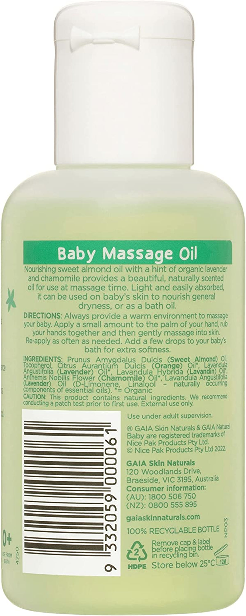 Natural Baby Massage Oil | 100% Natural Origin | Ideal for Newborns | Cold Pressed Sweet Almond Oil | Organic Lavender | Organic Chamomile | Perfume Free | Australian Made | 125Ml