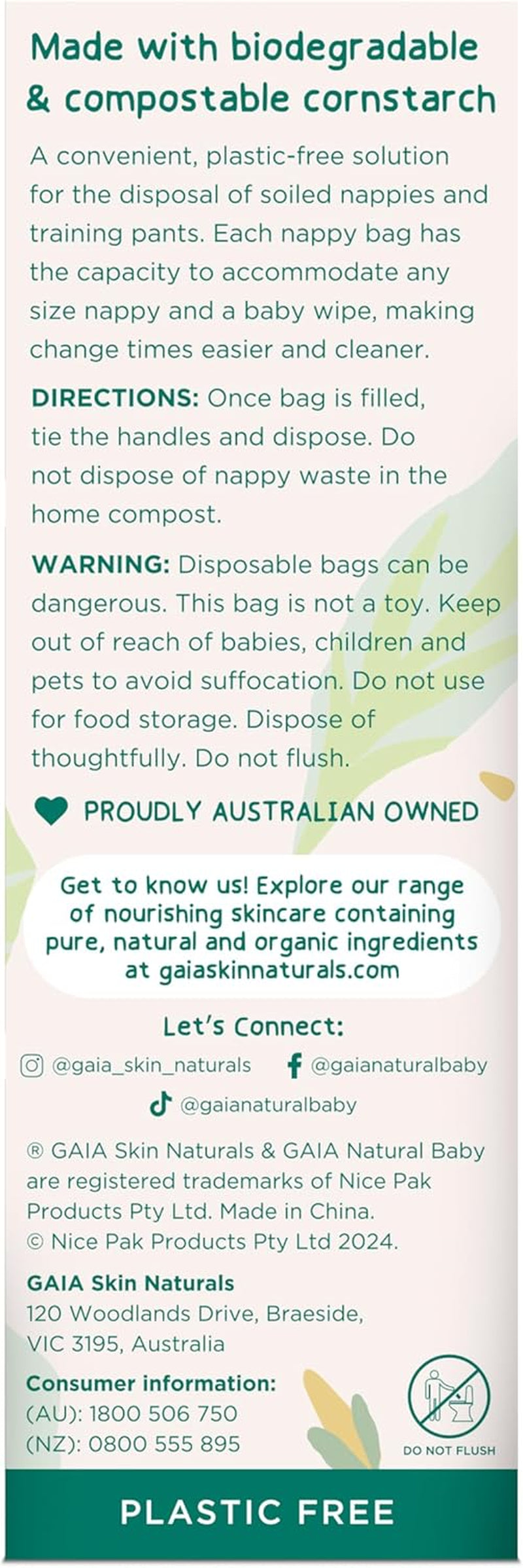 GAIA Natural Baby Biodegradable Nappy Bags | Hygienic Tie Handles | Compostable | Multi-Use | 50Pk