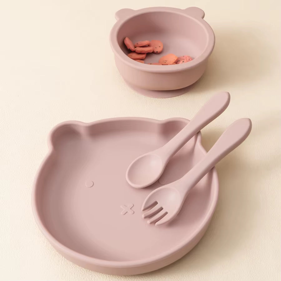 4Pcs Children'S Tableware Set Baby Feeding Food Training Silicone Tableware Baby Sucker Dishes Plate Bowl Spoon Baby Stuff
