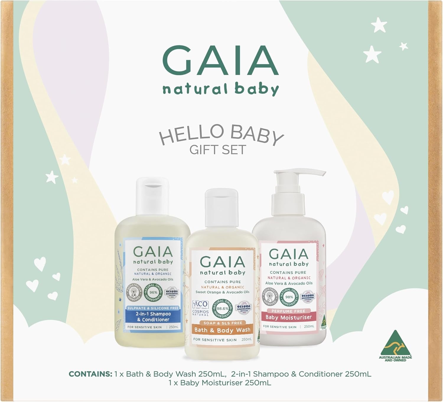 Gaia Skin Natural Baby Hello Baby 3 Piece Gift Set, Multicolour