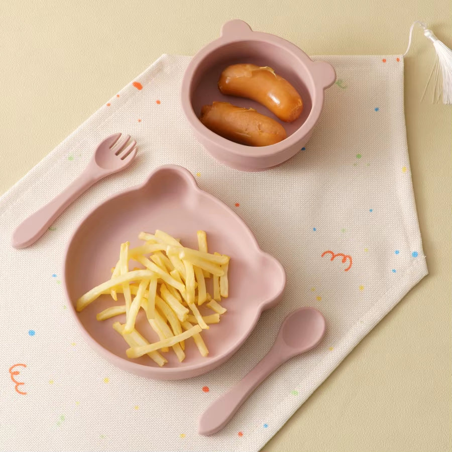 4Pcs Children'S Tableware Set Baby Feeding Food Training Silicone Tableware Baby Sucker Dishes Plate Bowl Spoon Baby Stuff