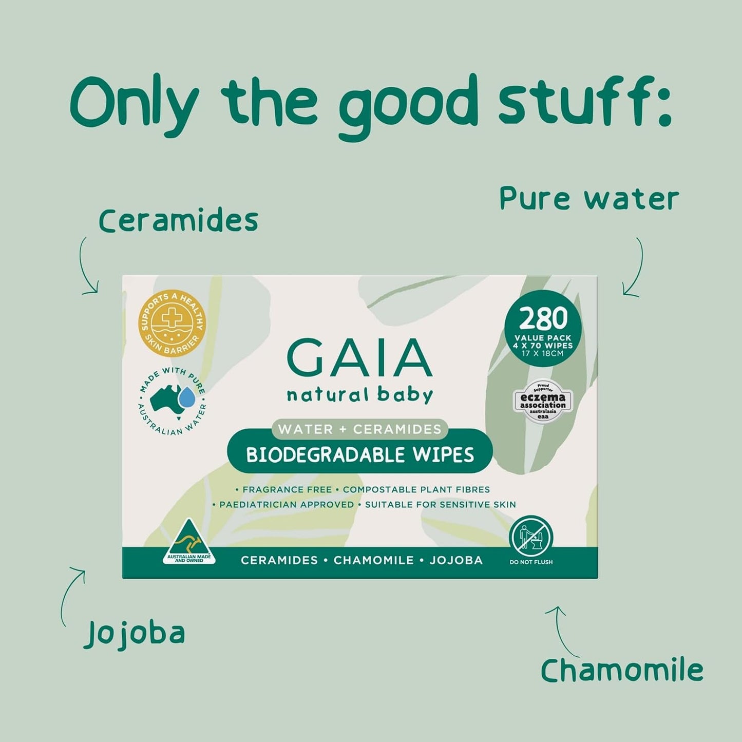 GAIA Natural Baby Biodegradable Water Wipes | Paediatrician Approved | Dermatogically Tested | Suitable for Sensitive Skin | Suitable for Newborns | Australian Made | 280Pk