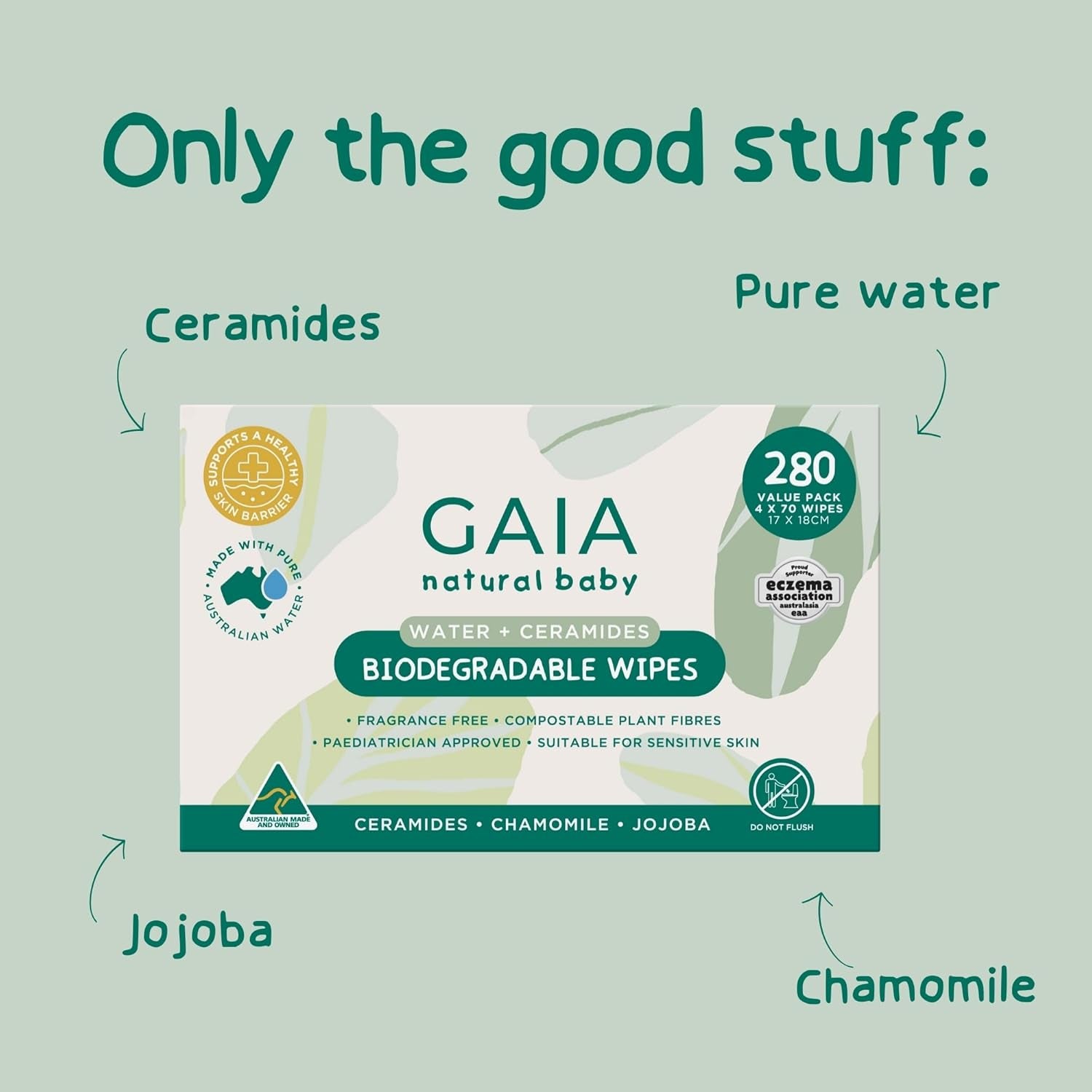 GAIA Natural Baby Biodegradable Water Wipes | Paediatrician Approved | Dermatogically Tested | Suitable for Sensitive Skin | Suitable for Newborns | Australian Made | 280Pk