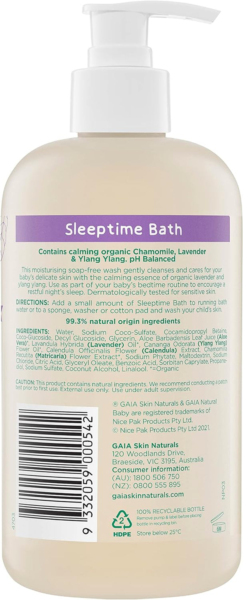Natural Baby Sleeptime Wash | Certified Natural | Suitable for Newborns | Sensitive Skin Formula | Organic Lavender | Organic Chamomile | Soap & SLS Free | Perfume Free | Australian Made - 500Ml