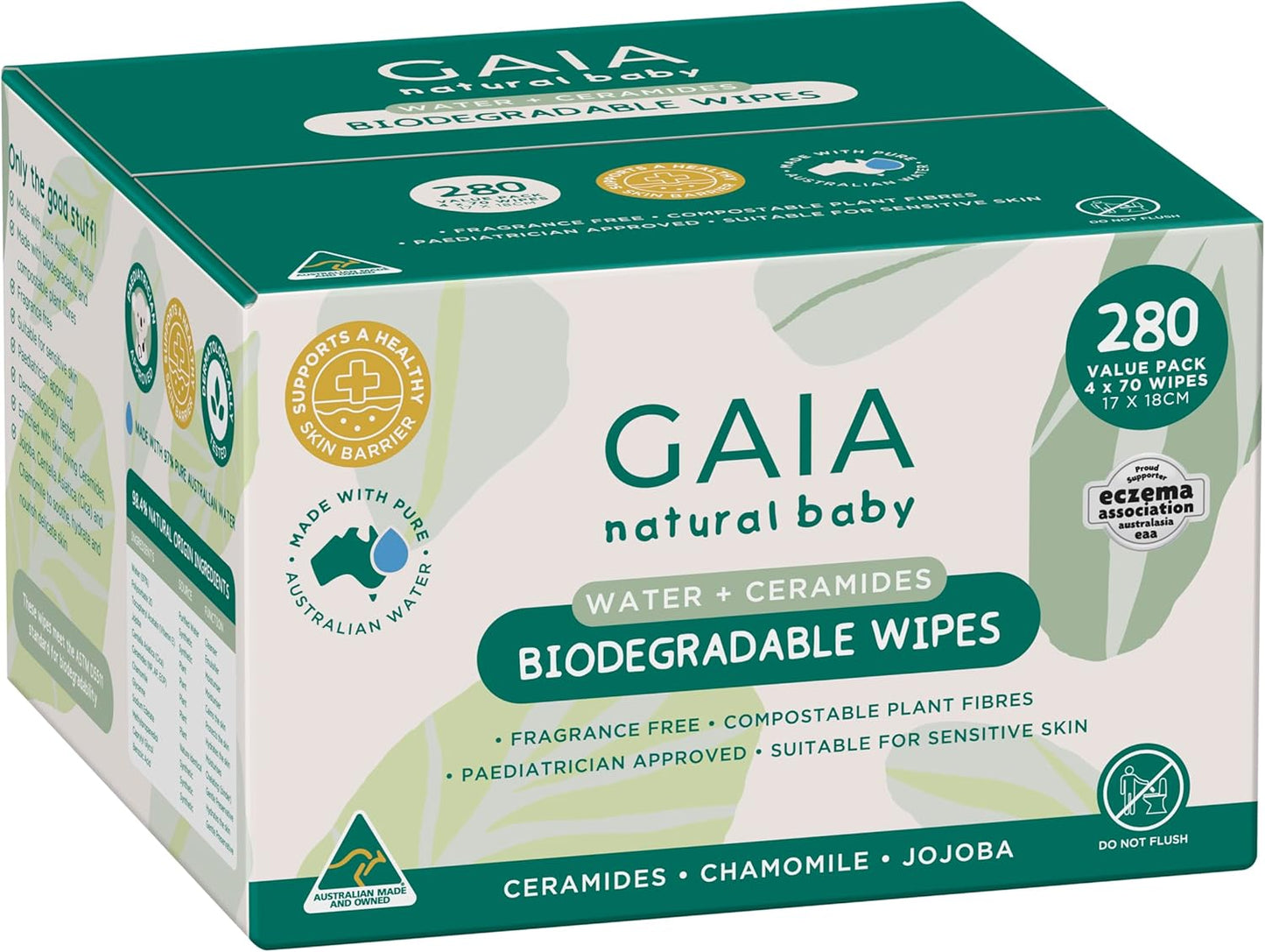 GAIA Natural Baby Biodegradable Water Wipes | Paediatrician Approved | Dermatogically Tested | Suitable for Sensitive Skin | Suitable for Newborns | Australian Made | 280Pk