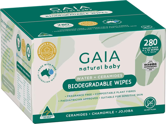 GAIA Natural Baby Biodegradable Water Wipes | Paediatrician Approved | Dermatogically Tested | Suitable for Sensitive Skin | Suitable for Newborns | Australian Made | 280Pk