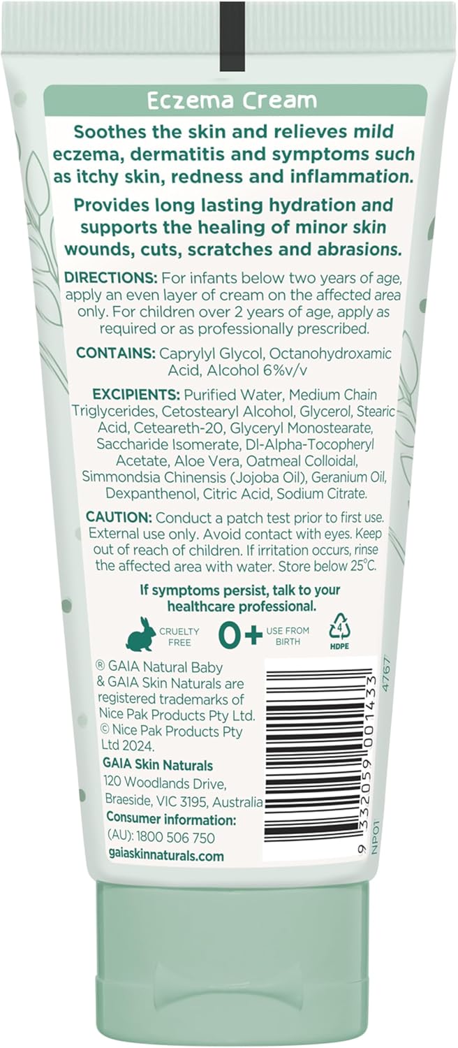 GAIA Skin Natural Baby Eczema Cream | Calendula | Colloidal Oatmeal | Jojoba | Steroid Free | Cruelty Free | Mild Eczema | Dermatitis | Australian Made | 100G
