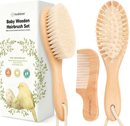 Baby Hair Brush and Baby Comb Set - Baby Brush Set for Newborns, Toddler Hair Brush, Wooden Baby Hair Brushes & Combs, Goat Hair Brush, Infant Hair Brush, Cradle Cap Brush (Oval, Walnut)