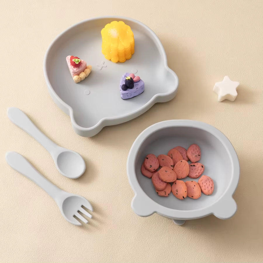 4Pcs Children'S Tableware Set Baby Feeding Food Training Silicone Tableware Baby Sucker Dishes Plate Bowl Spoon Baby Stuff