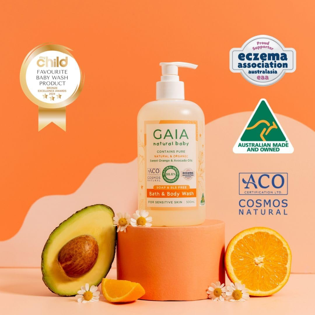 GAIA Skin Natural Baby Bath and Body Wash ; Certified Natural ; Ideal for Newborns ; Sensitive Skin Formula ; Organic Avocado Oil ; Organic Chamomile ; Soap Free ; Perfume Free ; Australian Made - 500Ml