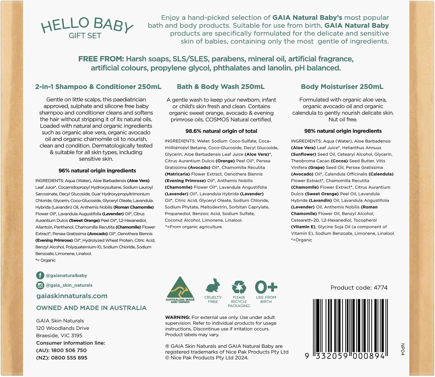 Gaia Skin Natural Baby Hello Baby 3 Piece Gift Set, Multicolour