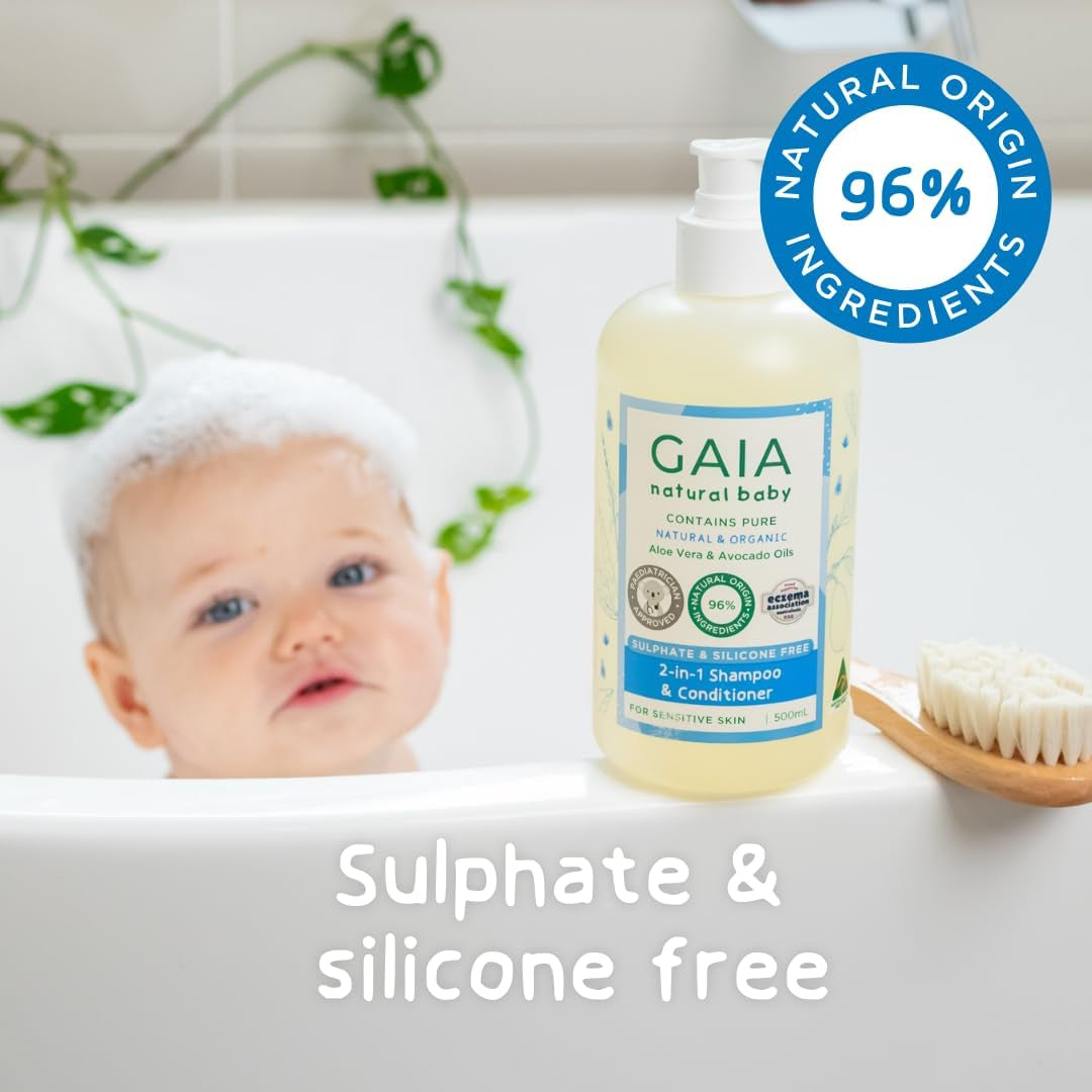 GAIA Skin Natural Baby 2In1 Shampoo & Conditioner | 96% Natural Origin | Sensitive Skin Formula | Organic Avocado Oil | Organic Chamomile | Silicone Free | Sulphate Free | Australian Made - 500Ml