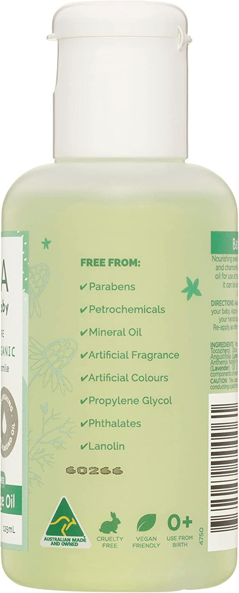 Natural Baby Massage Oil | 100% Natural Origin | Ideal for Newborns | Cold Pressed Sweet Almond Oil | Organic Lavender | Organic Chamomile | Perfume Free | Australian Made | 125Ml