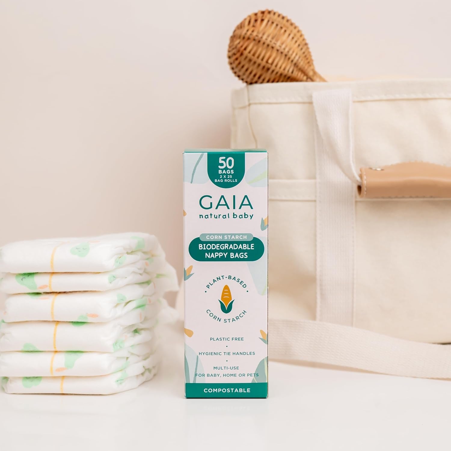 GAIA Natural Baby Biodegradable Nappy Bags | Hygienic Tie Handles | Compostable | Multi-Use | 50Pk