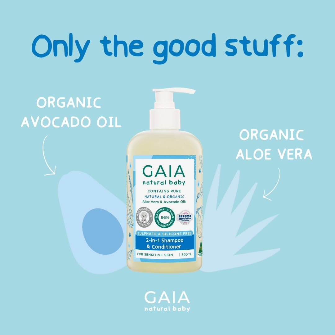 GAIA Skin Natural Baby 2In1 Shampoo & Conditioner | 96% Natural Origin | Sensitive Skin Formula | Organic Avocado Oil | Organic Chamomile | Silicone Free | Sulphate Free | Australian Made - 500Ml
