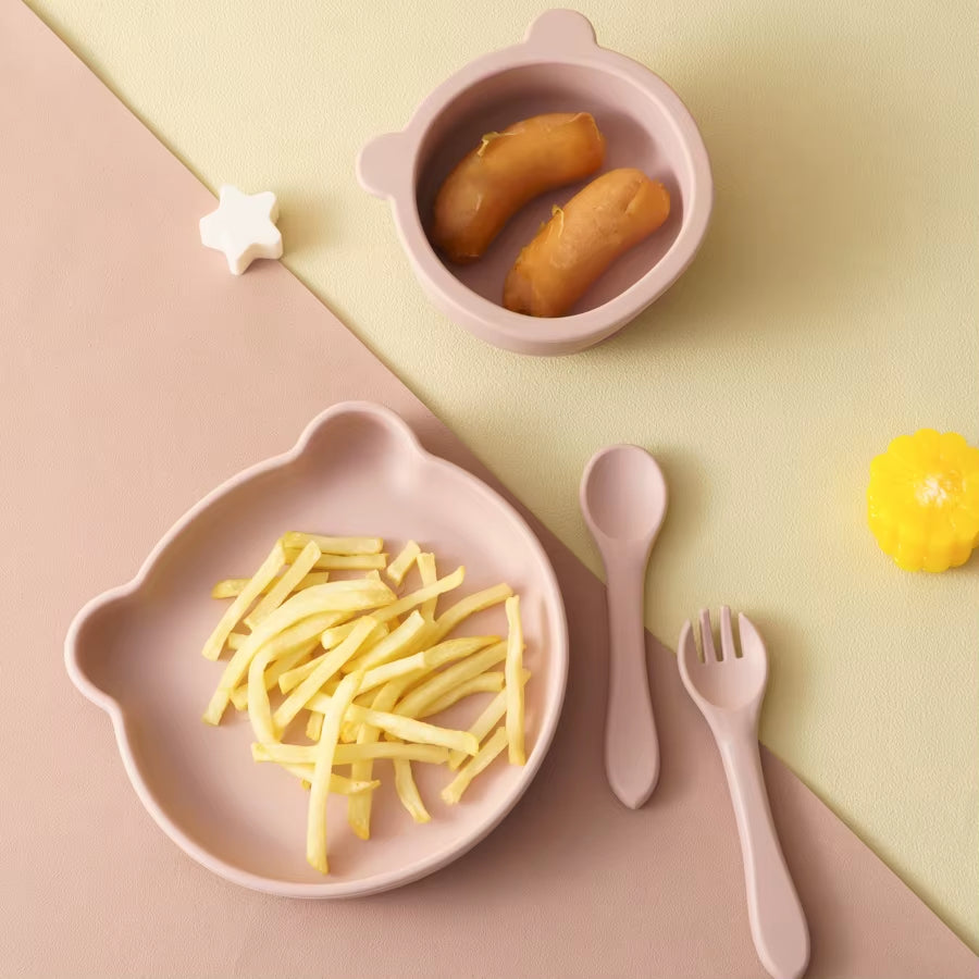 4Pcs Children'S Tableware Set Baby Feeding Food Training Silicone Tableware Baby Sucker Dishes Plate Bowl Spoon Baby Stuff