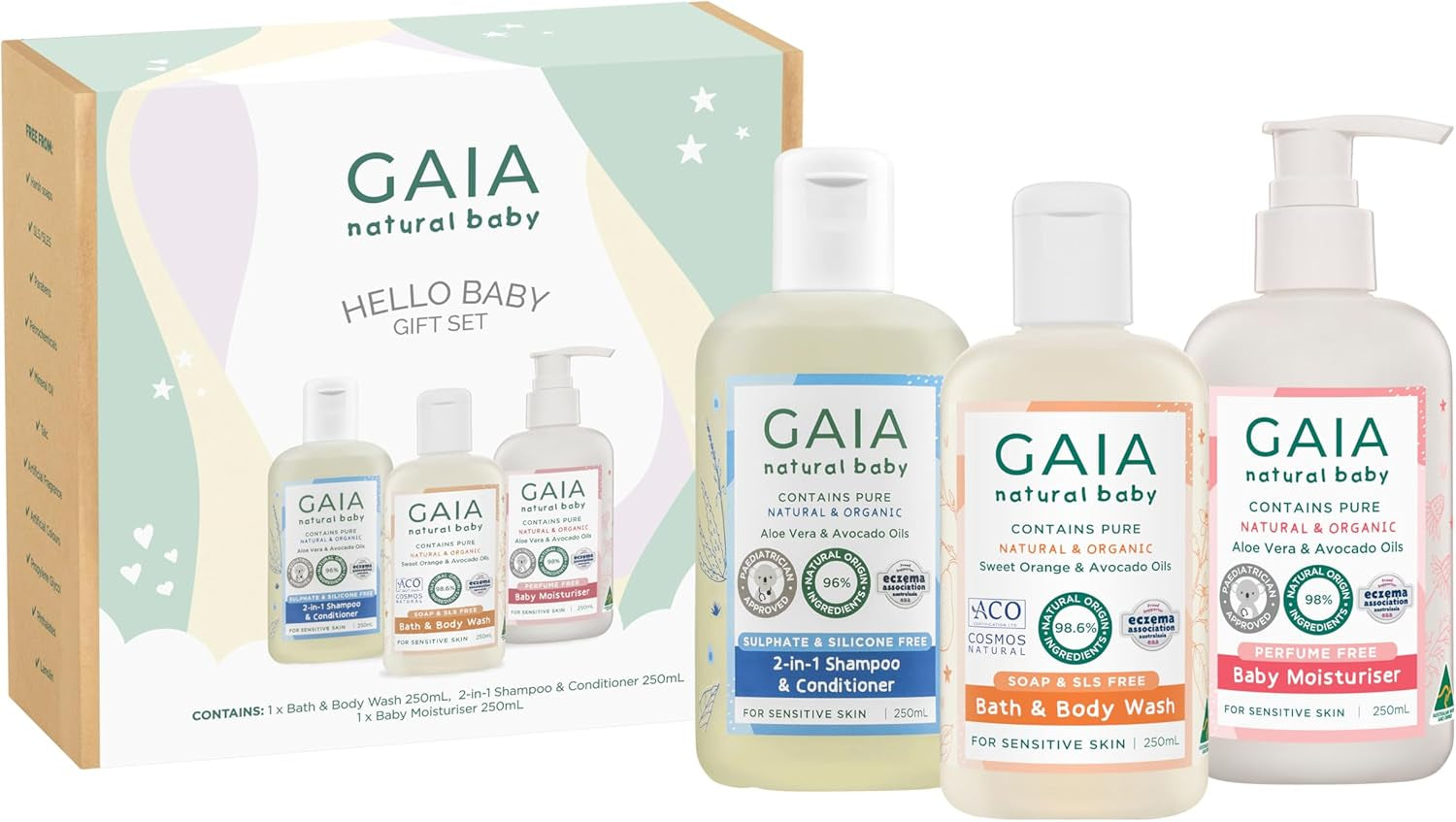 Gaia Skin Natural Baby Hello Baby 3 Piece Gift Set, Multicolour