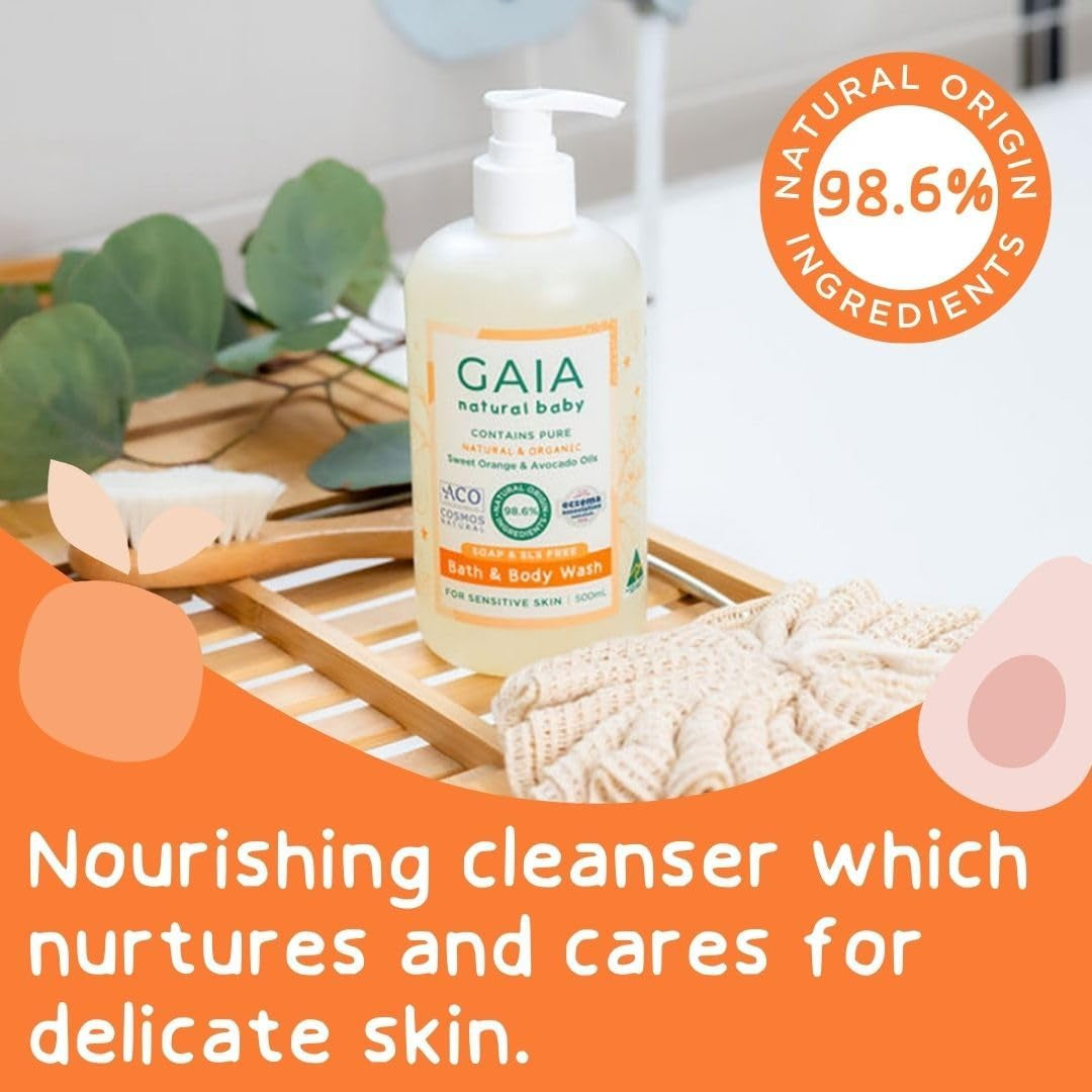 GAIA Skin Natural Baby Bath and Body Wash ; Certified Natural ; Ideal for Newborns ; Sensitive Skin Formula ; Organic Avocado Oil ; Organic Chamomile ; Soap Free ; Perfume Free ; Australian Made - 500Ml
