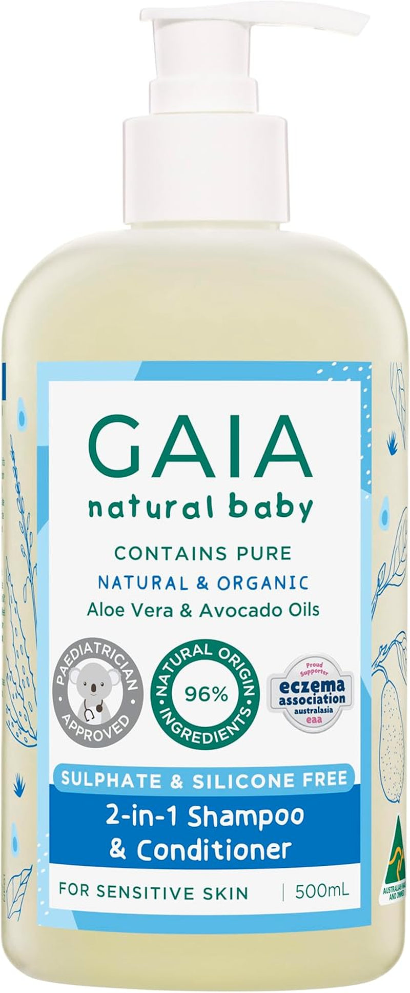 GAIA Skin Natural Baby 2In1 Shampoo & Conditioner | 96% Natural Origin | Sensitive Skin Formula | Organic Avocado Oil | Organic Chamomile | Silicone Free | Sulphate Free | Australian Made - 500Ml