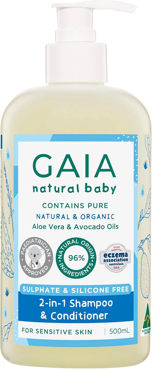 GAIA Skin Natural Baby 2In1 Shampoo & Conditioner | 96% Natural Origin | Sensitive Skin Formula | Organic Avocado Oil | Organic Chamomile | Silicone Free | Sulphate Free | Australian Made - 500Ml