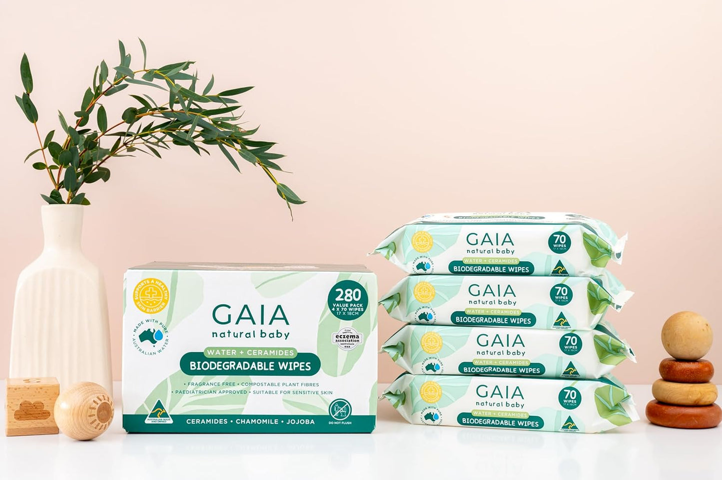 GAIA Natural Baby Biodegradable Water Wipes | Paediatrician Approved | Dermatogically Tested | Suitable for Sensitive Skin | Suitable for Newborns | Australian Made | 280Pk