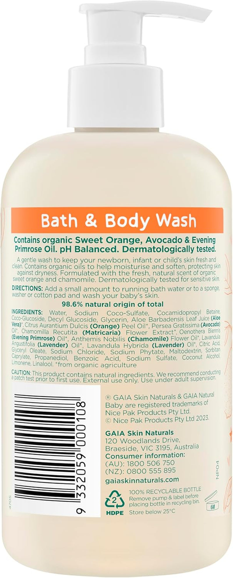GAIA Skin Natural Baby Bath and Body Wash ; Certified Natural ; Ideal for Newborns ; Sensitive Skin Formula ; Organic Avocado Oil ; Organic Chamomile ; Soap Free ; Perfume Free ; Australian Made - 500Ml