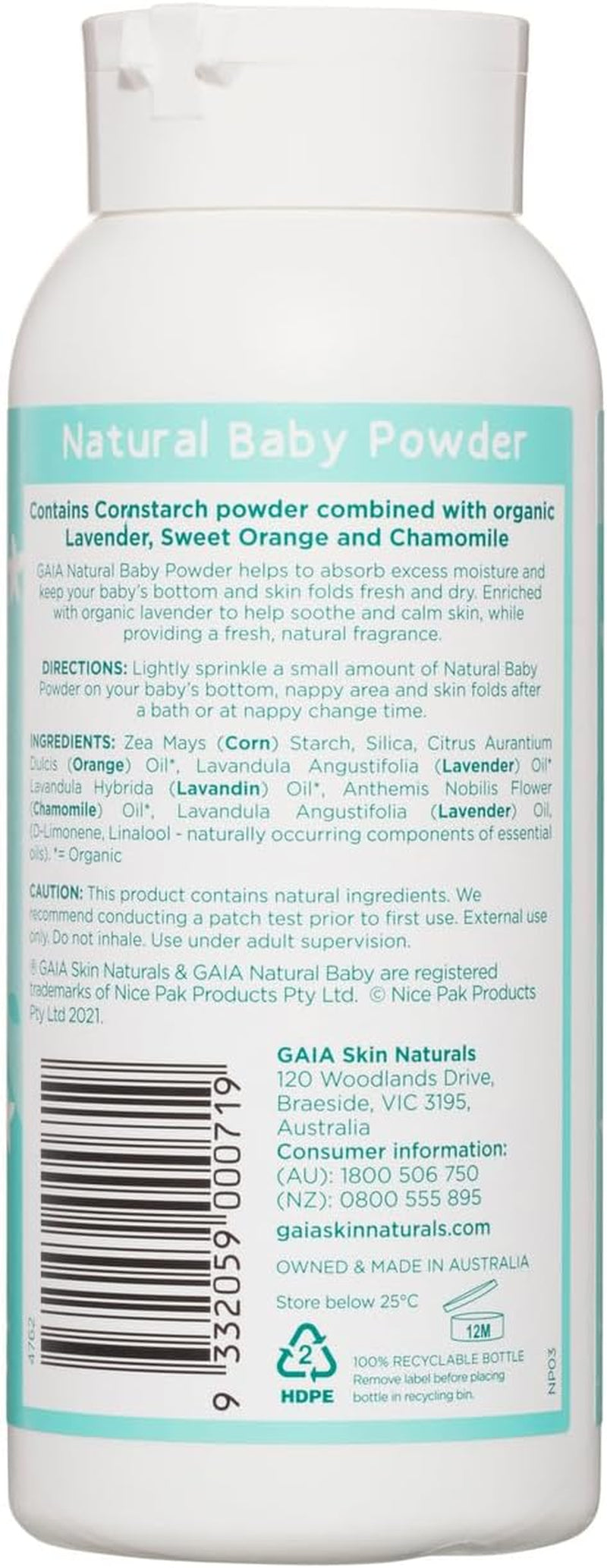 Natural Baby Powder | 100% Talc Free Baby Powder | Cornstarch | Organic Chamomile | Organic Lavender | Perfume Free | Paraben Free | Nappy Rash | Australian Made | Gentle Baby Care | 200G