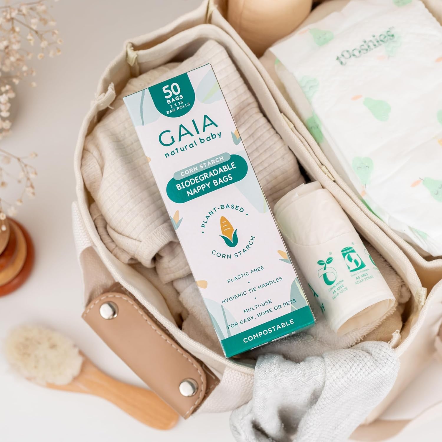 GAIA Natural Baby Biodegradable Nappy Bags | Hygienic Tie Handles | Compostable | Multi-Use | 50Pk